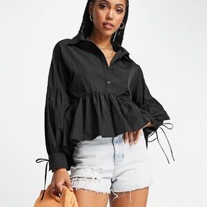 Lola May Smock Hem Shirt with Tie Sleeves in Black for ASOS UK8/US Small